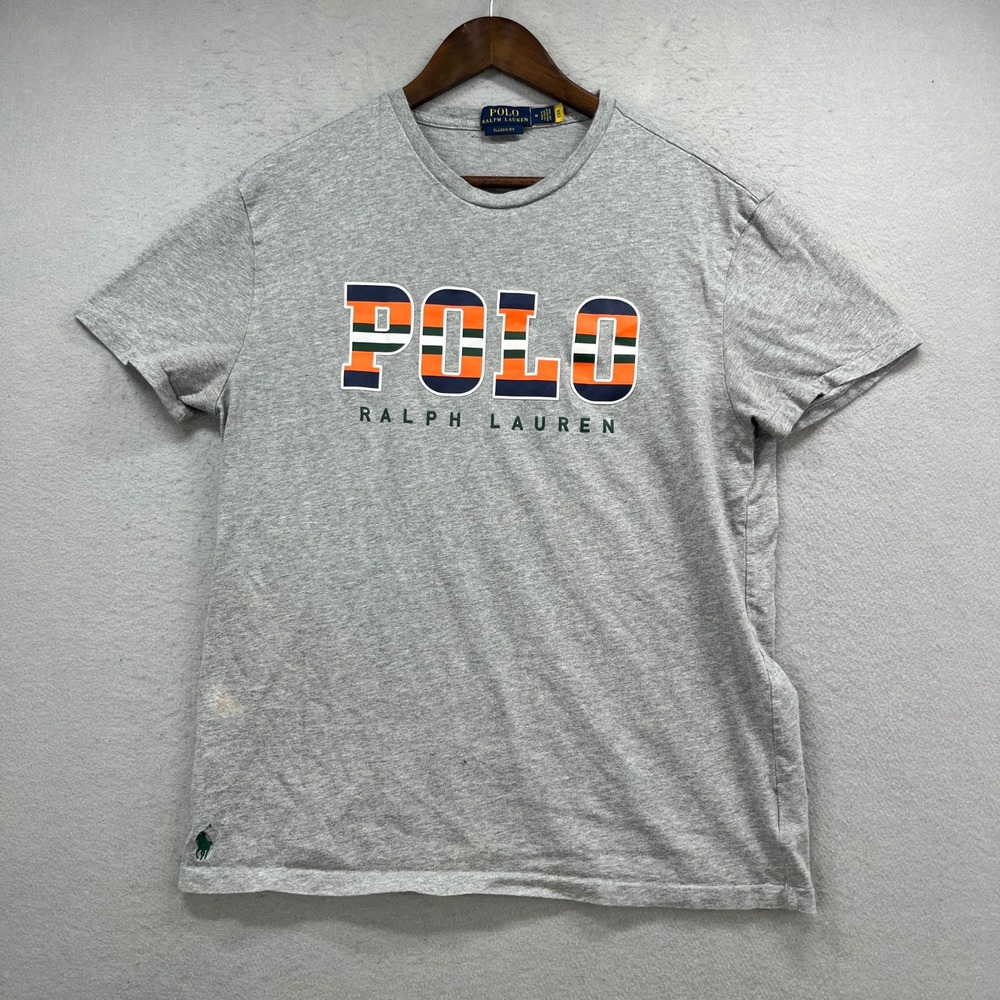 Polo Ralph Lauren T Shirt Mens M Gray Striped Logo Classic Fit Preppy Casual Tee